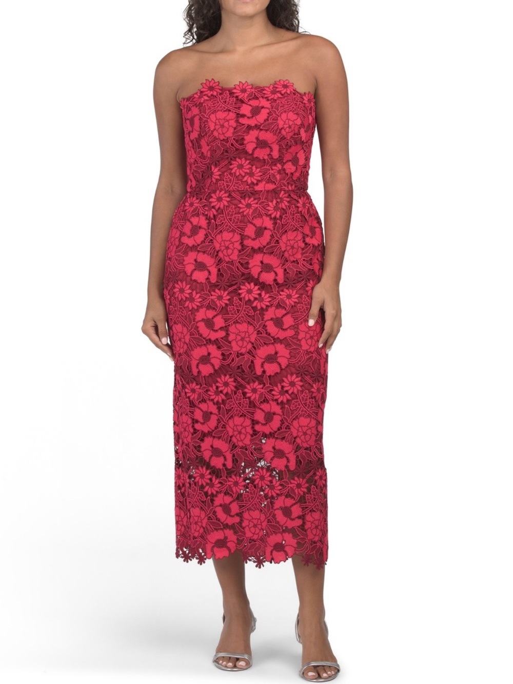 Rene Ruiz Strapless Embroidered Floral Lace Midi Dress